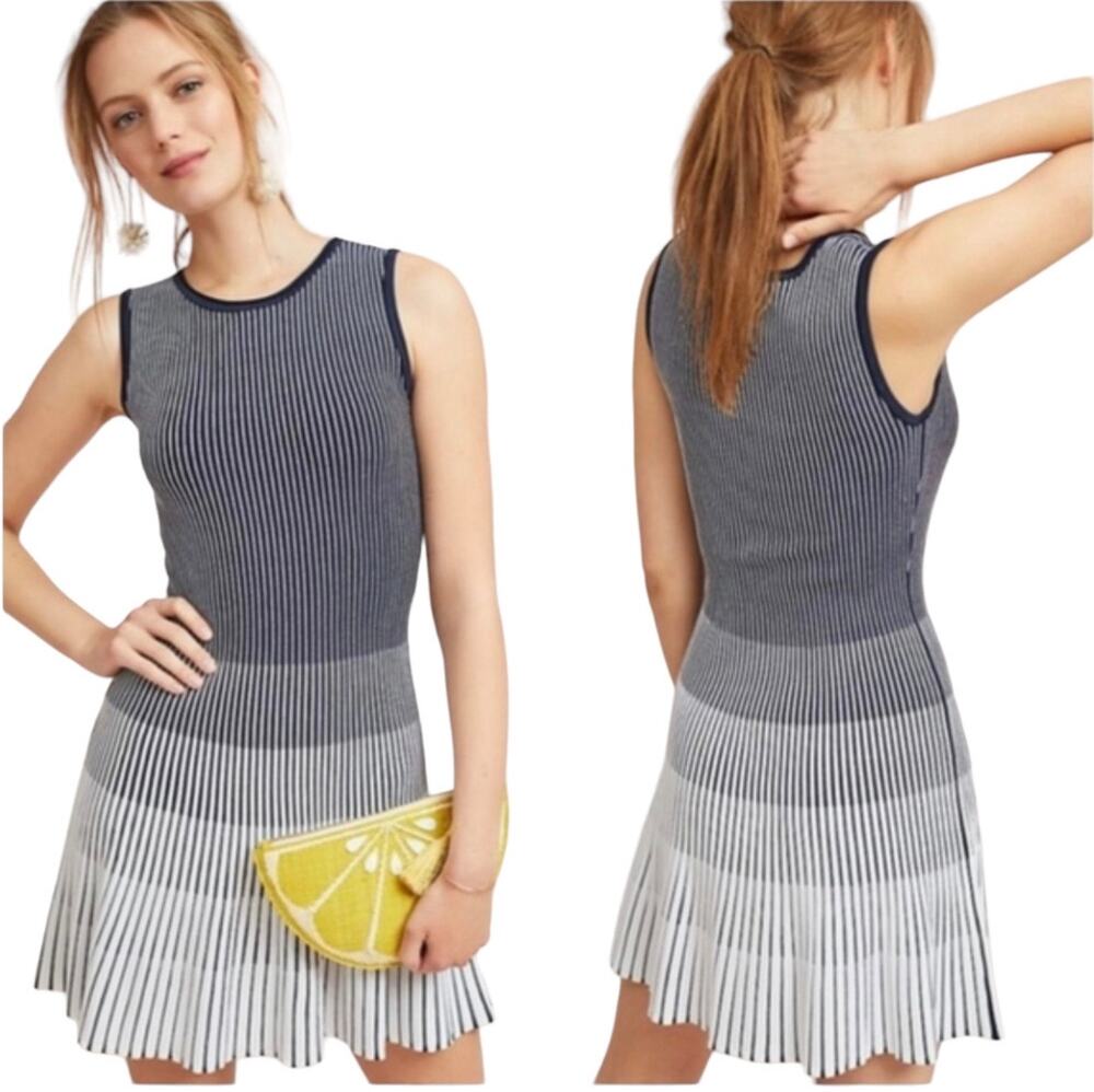 NWT Shoshanna Laidley Ribbed Knit Pleated Ombre Dress White Navy Size M $385